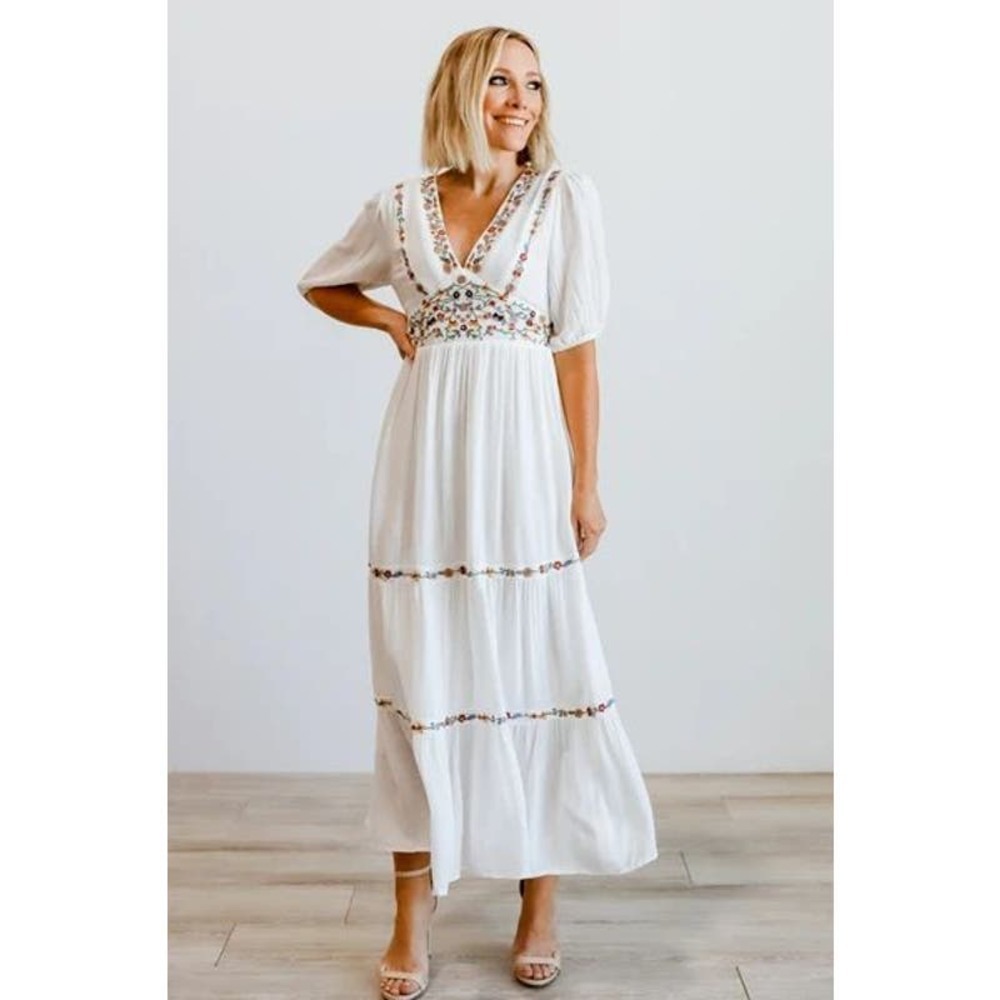 NWT BALTIC BORN Santa Fe Floral Embroidered Deep V Neck Maxi White Dress Women S